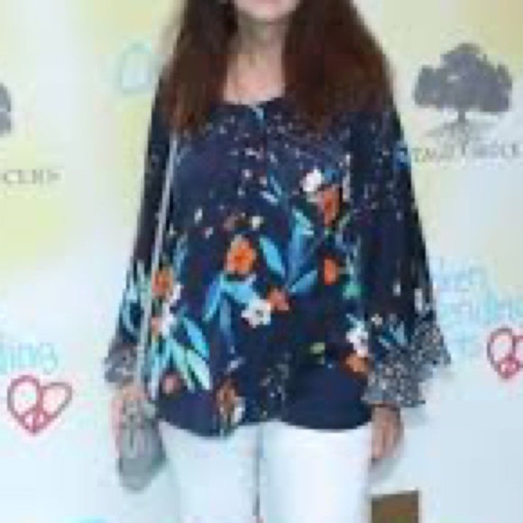 Nanette Lepore Navy Floral Blouse Mixed Print Bell Sleeves Boho Womens Sz L - Picture 3 of 10